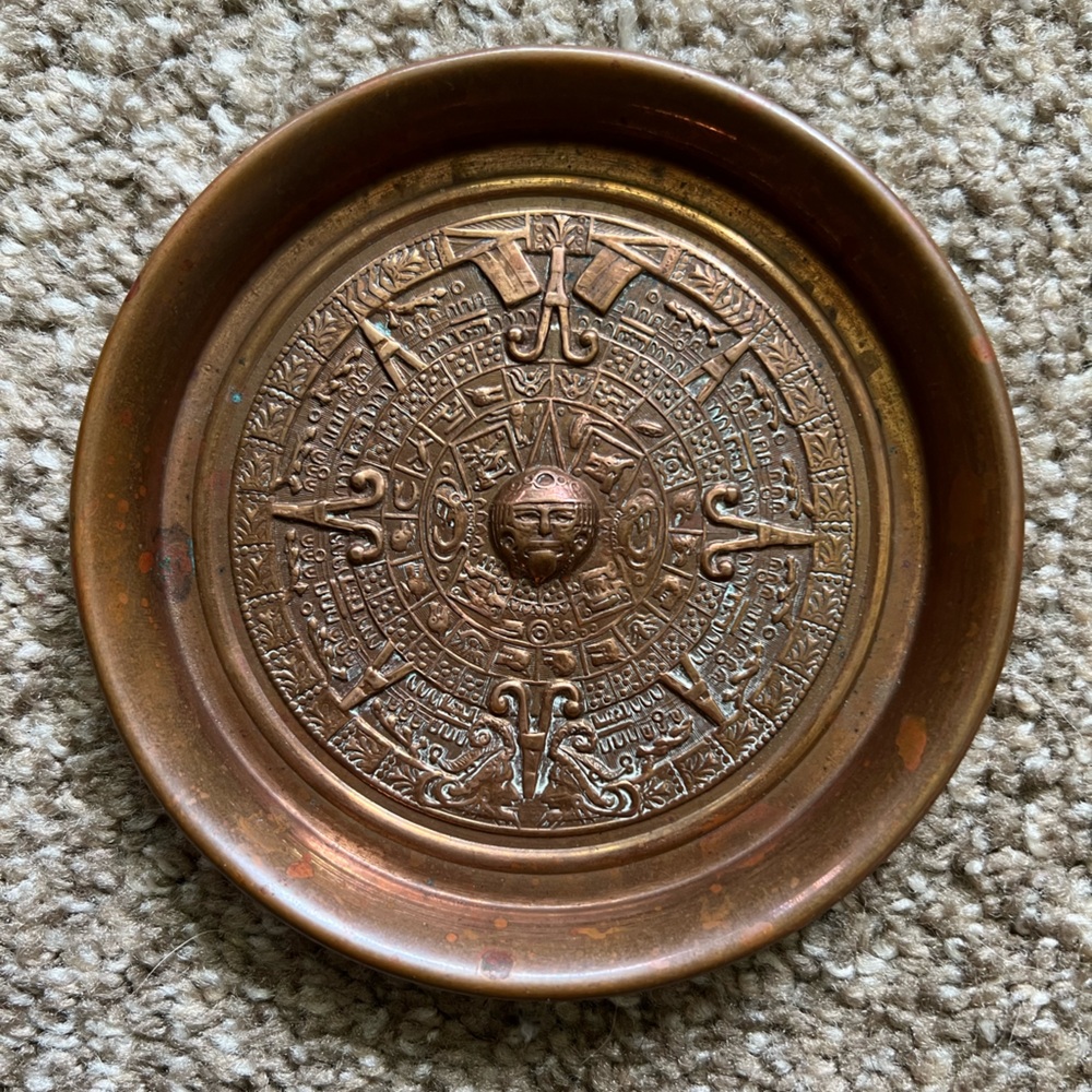 Aztec Mayan Calendar Small Trinket Dish Plate Copper? / Bronze? Metal Vintage?